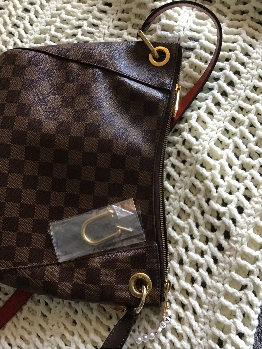 Designer-Style Brown Checkered Crossbody Bag with Red Trim - Picture 7 of 7